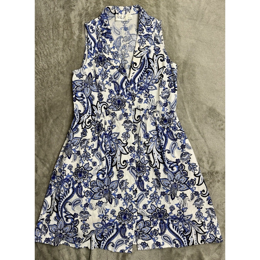 Eliza J Sleeveless Button Front Dress Sz 6 Blue White Paisley Floral Linen Blend